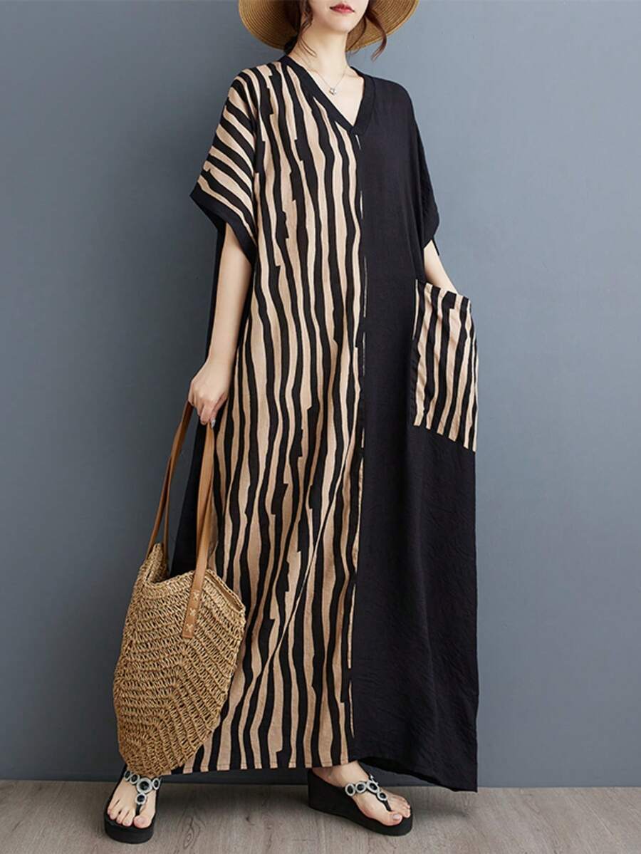 AZAH Vestido suelto de línea A a rayas para mujer talla grande con bolsillos, mangas cortas de murciélago, vestido bohemio casual de vacaciones de playa elegante negro verano 2026 - Negro - Ver 1
