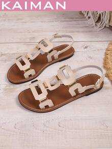 Sandal Wanita Model Baru Musim Semi/Panas dengan Gesper Persegi, Sandal Pantai Wanita, Sandal Gladiator - Krem - View 6