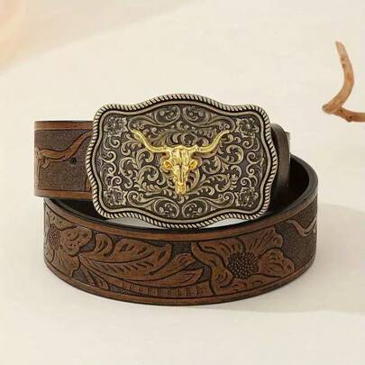 Vintage Western Cowboy Style Bull Head Buckle Brown PU Printed Decorative Belt, Fashion Punk Floral Print Bohemian PU Leather, Suitable For All Seasons