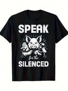 Camiseta de Hombre de Tejido Grueso 100% con Estampado de Derechos de los Animales| Diseño interesante que emite sonidos de cerdos y gallinas silenciosos, camiseta de cuello redondo suave y ligeramente elástica, promueve el bienestar animal, adecuada para un uso casual y expresivo, disponible en tallas S-XXL. - Negro - Ver 2