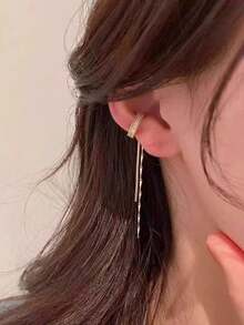 1 Pair Tassel Long C-Shaped Earrings For Women, Micro-Inlaid Zirconia, Fashionable Unique Minimalist Clip-On Earrings Without Piercing - Yellow Gold - View 7