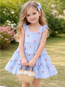 Children's Dress With Floral Print, Stripes And Hearts. Three Marias Dress With Tie And Elastic Back For Adjustable Adjustment. Cool And Lightweight Fabric. Spring/Summer. - Baby Blue - View 7