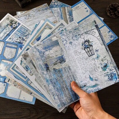 1pc 15 Sheets Vintage Blue World Background Paper, DIY Stickers, Scrapbooking, Planner Decoration Materials