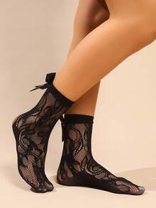 2 pares de calcetines finos para tobillo de mujer, con estampado floral y diseño de lazo, calcetines cortos para damas - Negro - Ver 3