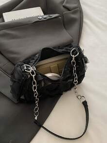 独特小众新款玫瑰蕾丝晚宴链条包，时尚别致的女孩单肩腋下包 - 黑色 - 查看 8