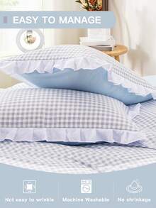 舒适2/3件套花卉蕾丝边纯色格子柔软床上用品组合。套装包含：1件花卉蕾丝被套 + 1/2件花卉蕾丝枕套（不含被芯和枕芯），隐形拉链，4个角带系带。适用于卧室、宿舍、旅行酒店，四季皆宜。 - 淺藍色 - 查看 7