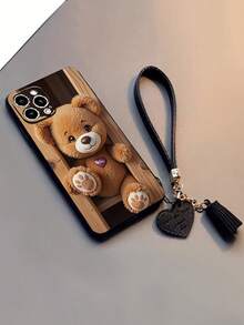1pc Perforated Straight Edge Bear Painted Thick Shockproof Painted Phone Case With Decorative Accessories, New Leather Heart Wrist Strap DIY Phone Case Pendant, Short Wrist Strap Pendant Compatible With Iphone, Galaxy, / - Multicolor - View 5