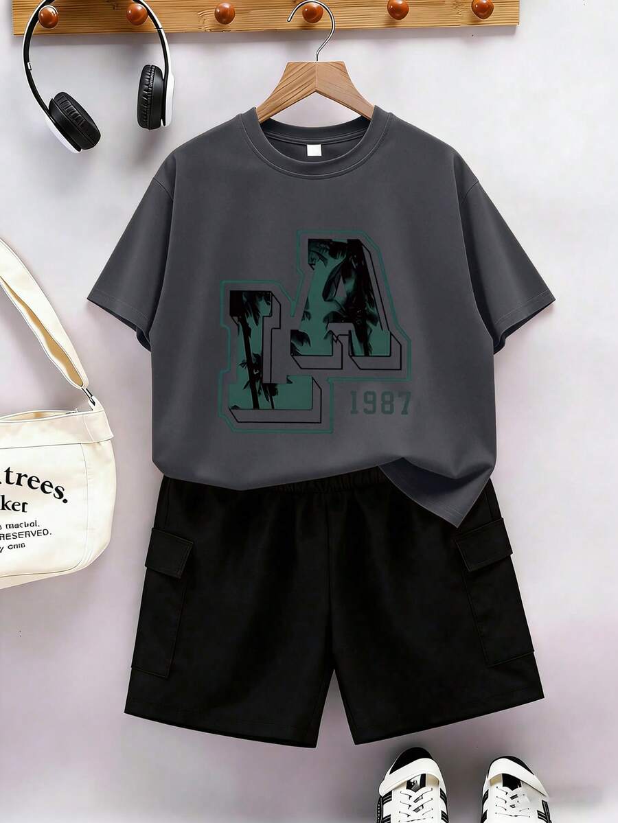 Conjunto de camiseta de manga corta con cuello redondo y estampado de letra "LA" y número 1987 en estilo retro americano + pantalones casuales color caqui para adolescentes varones, nuevo para el verano - Multicolor - Ver 1