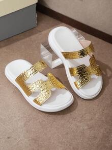 1 Pair Kids' Gold Soft Shiny Metallic Leather Casual Slip-On Beach Sandals, Classic Minimalist Open Toe Elastic Flexible Non-Slip Sole, Fashionable & Elegant Flat Slides Suitable For Daily, Beach, Holiday, Party Wear, Spring/Summer - Gold - View 3