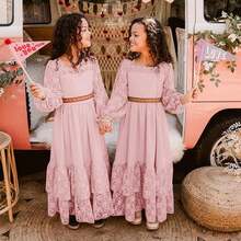 2026 Girls Elegant Lace Flower Boho Dress Long Sleeve Backless Square Neck Ruffle Party Maxi Dress - 01 Pink - View 4