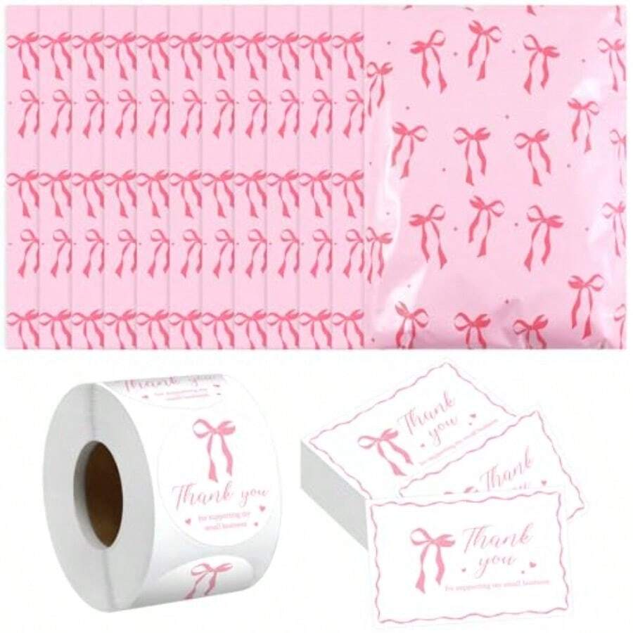 Juego de 800 sobres de polietileno con lazo rosa de 10 x 13 pulgadas impermeables autoadhesivas lindas bolsas de envío con tarjetas de agradecimiento y calcomanías para sobres de - como en la foto - Ver 1