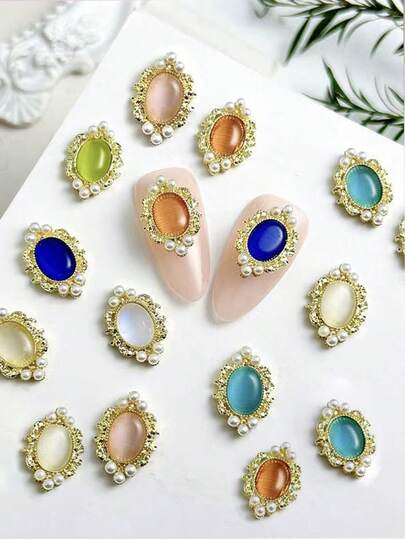 1件合金椭圆形彩色猫眼石珍珠美甲用品，奢华复古3D超闪亮美甲饰品配件