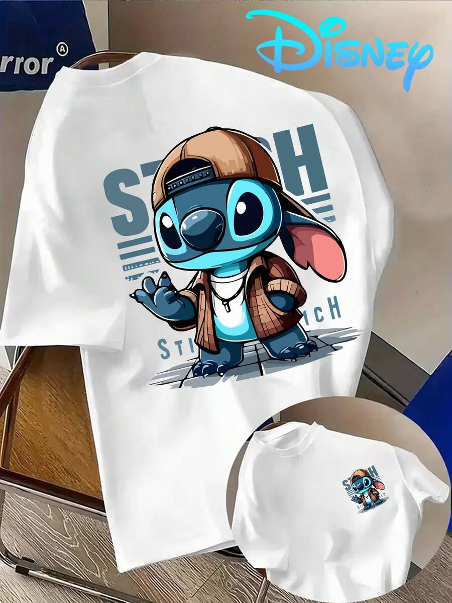 Disney-Authorized T-Shirt With Cartoon Cool Stitch Pattern| Front And Back Print, Short-Sleeved, Casual Style, Crew Neck, Machine Washable, Versatile For Daily Use, Multiple Colors Available For Spring And Summer - Vitt - Visa 1