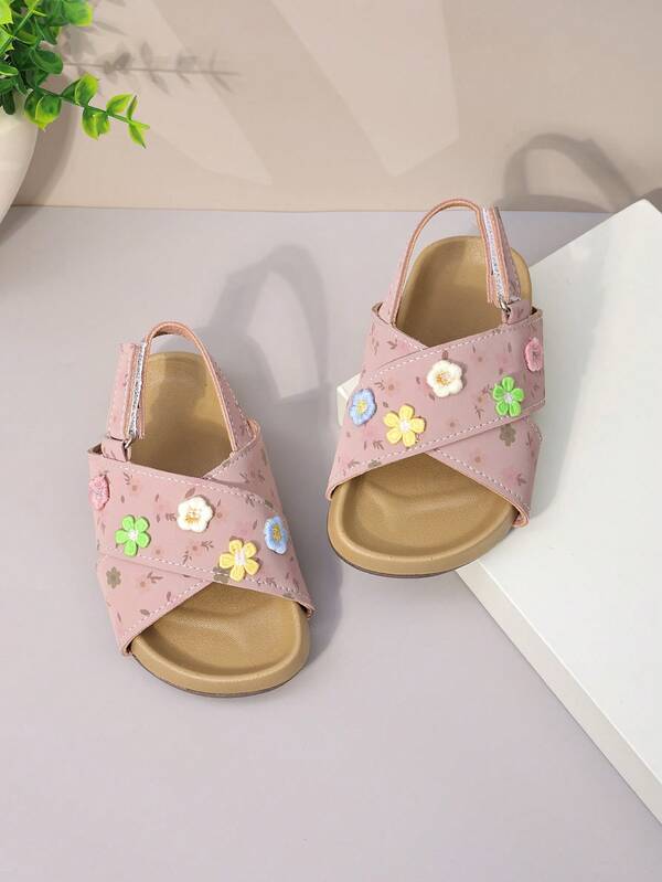 A Pair Of Girls' Sandals, 2026 Summer New Floral Princess Shoes, Slip-Resistant Soft Sole Children's Sandals, Soft Leather Baby Birkenstocks, Suitable For Summer