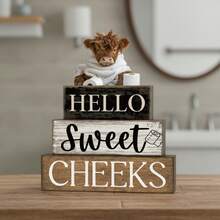 4-Piece Highland Cow Wooden Sign Farmhouse Wooden Tabletop Decor Farmhouse Tiered Tray Decor Rustic Highland Cow Wooden Block Sign Gift Center Decorative Piece Home Dining Table Decor - View 3