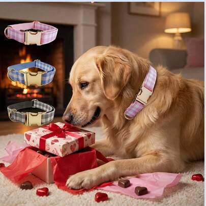 新款跨境热销宠物套头锌合金扣项圈，奢华优雅的宠物项圈/颈带，采用混纺纱线编织格纹面料，个性独特，可爱吸睛，时尚百搭，提升宠物气质。搭配可调节锌合金扣，适合小型、中型和大型犬，尺码齐全，是各种节日、婚礼、新年、圣诞节派对的理想礼物。