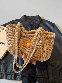 New Spring/Summer Small Floral Tassel Shoulder Bag, Hollow Straw Woven Bag, Women Beach Bag - Multicolor - View 10