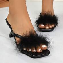 2026夏季新款法式高跟毛绒拖鞋，白色仙女风户外凉鞋 - 黑色 - 查看 12