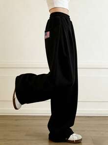 女士直筒休闲宽松运动裤，秋季黑色 - 黑色 - 查看 4