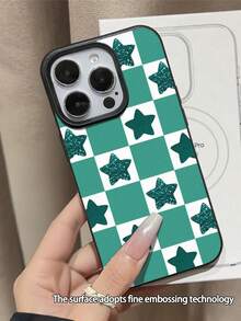 1个时尚绿色格子星形荔枝纹理防摔防滑软手机壳，兼容苹果手机国际版，非国内版 - 彩色 - 查看 2