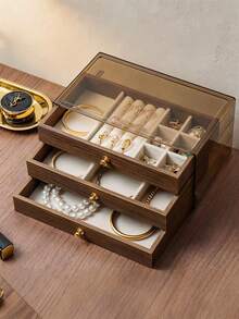 1pc Luxury Black Walnut Jewelry Box, 3-Layer Wooden Jewelry Storage Box, Drawer-Style Desktop Organizer, Acrylic Material, Classic Style, Can Store Earrings, Rings, Necklaces, Bracelets, Pendants, Also Can Be Used As Bathroom Storage Box Or Stackable Organizer, Elegant Luxury Display Packaging Box, Also Can Be Used As Decorative Item For Wife's Room - Jewelry Box - View 6
