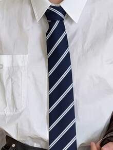 1条女士经典条纹JK制服学生领带，英式格子图案，角色扮演派对配饰 - 藏青條紋 - 查看 2