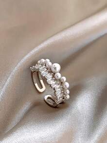 1枚奢华仿珍珠独特优雅立方氧化锆精致派对戒指，女士款 - 銀色 - 查看 1