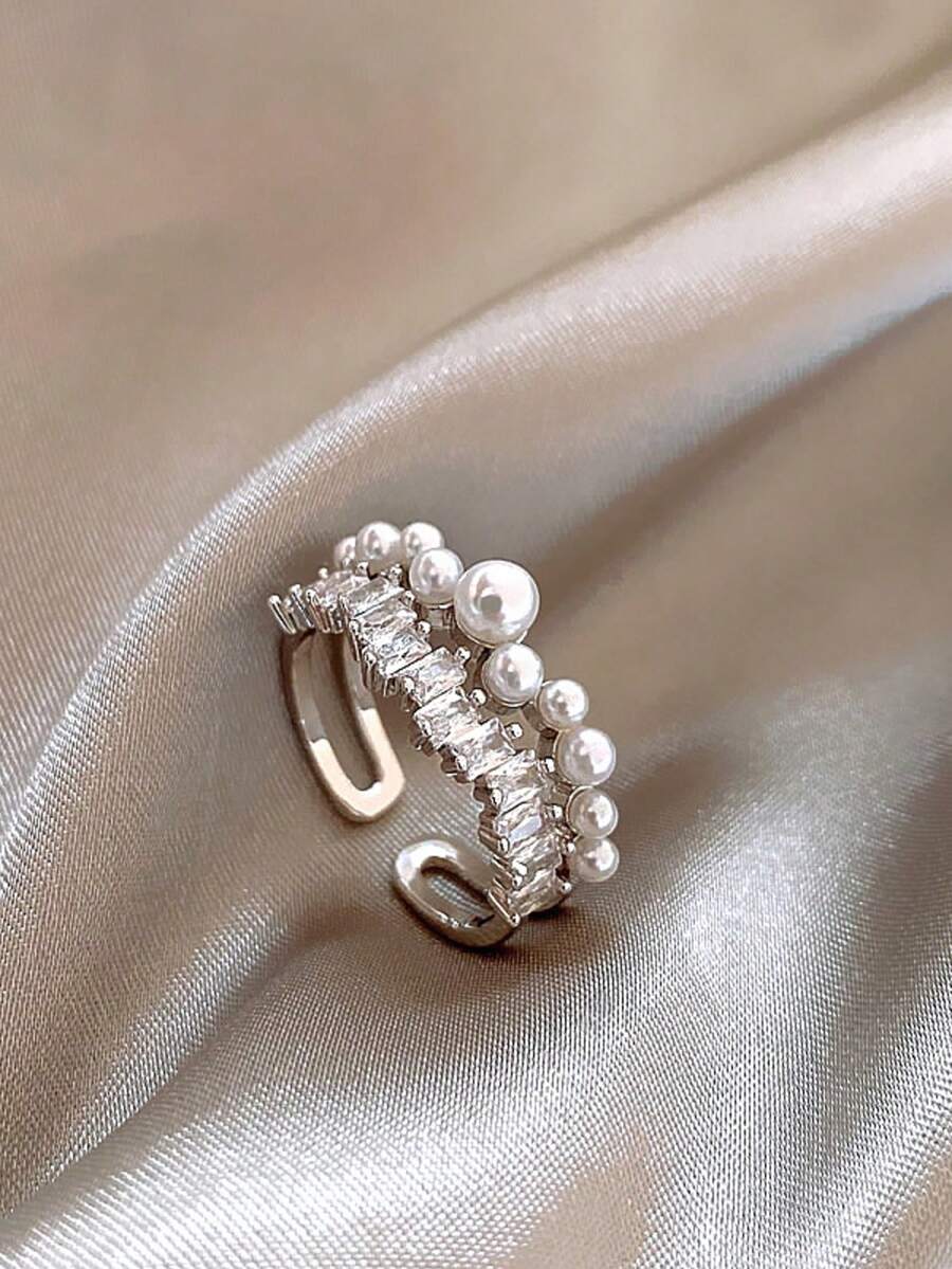 1枚奢华仿珍珠独特优雅立方氧化锆精致派对戒指，女士款 - 銀色 - 查看 1