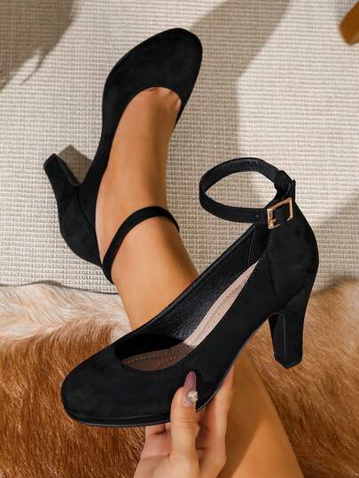 Women's Chunky Heel Pumps, Suede Criss-Cross Ankle Strap Round Toe Platform High Heels, Black Suitable For Wedding, Office, Daily Wear