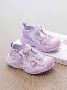 1 Pair Girls' Light Purple Princess Sandals, Decorated With Faux Pearl Bow, Mesh Synthetic Leather Closed Toe Anti-Collision Design, Breathable Non-Slip Thick Sole, Adjustable Hook And Loop, Suitable For Summer Beach, Outdoor And Daily Play - Purple - View 3