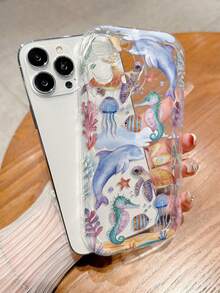 Cream Textured Ocean Turtle & Seahorse Painted Anti-Drop Cartoon Phone Case Compatible With IPhone 14, 14 Pro, 14 Pro Max, 13, 13 Pro, 13 Pro Max, 11, 11 Pro Max, 12, 12 Pro, 12 Pro Max, XR, XS, 15, 15 Pro, 15 Pro Max, 16, 16 Pro, 16 Pro Max, 17, 17 Pro, 17 Air, 17 Pro Max, Galaxy S24, A04, A12, A13, A14, A23, A24, A32, A33, A51, A52, A53, A54, A72, S20 FE, , 9, 9A - Multicolor - View 2