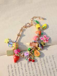 1件夏季水果DIY手链，可爱樱花手链，可爱樱桃吐司手链，可爱红草莓手链，趣味仿真食物手链，木瓜手链 - 金色 - 查看 8