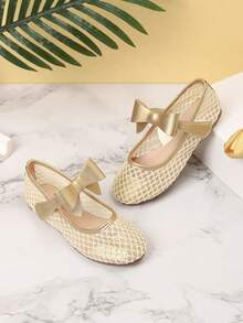 1 Pair Beautiful Bowknot Girls Shoes, Suitable For Spring/Summer Outdoor & Daily Wear - Gold - View 3