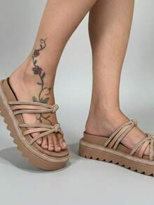 Women's Platform Sandal With Shiny Rhinestones, Comfortable - Beis - Ver 1