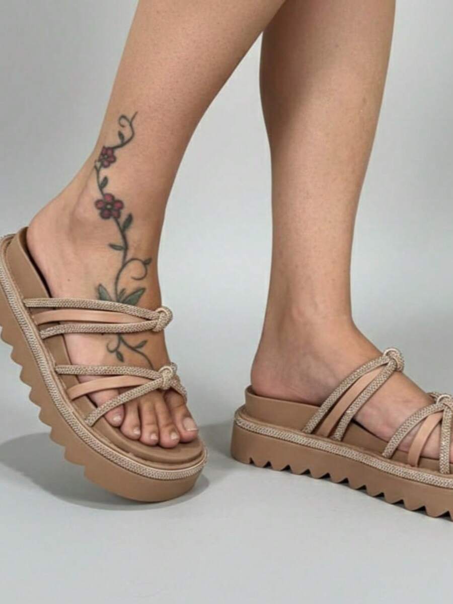 Women's Platform Sandal With Shiny Rhinestones, Comfortable - Beis - Ver 1