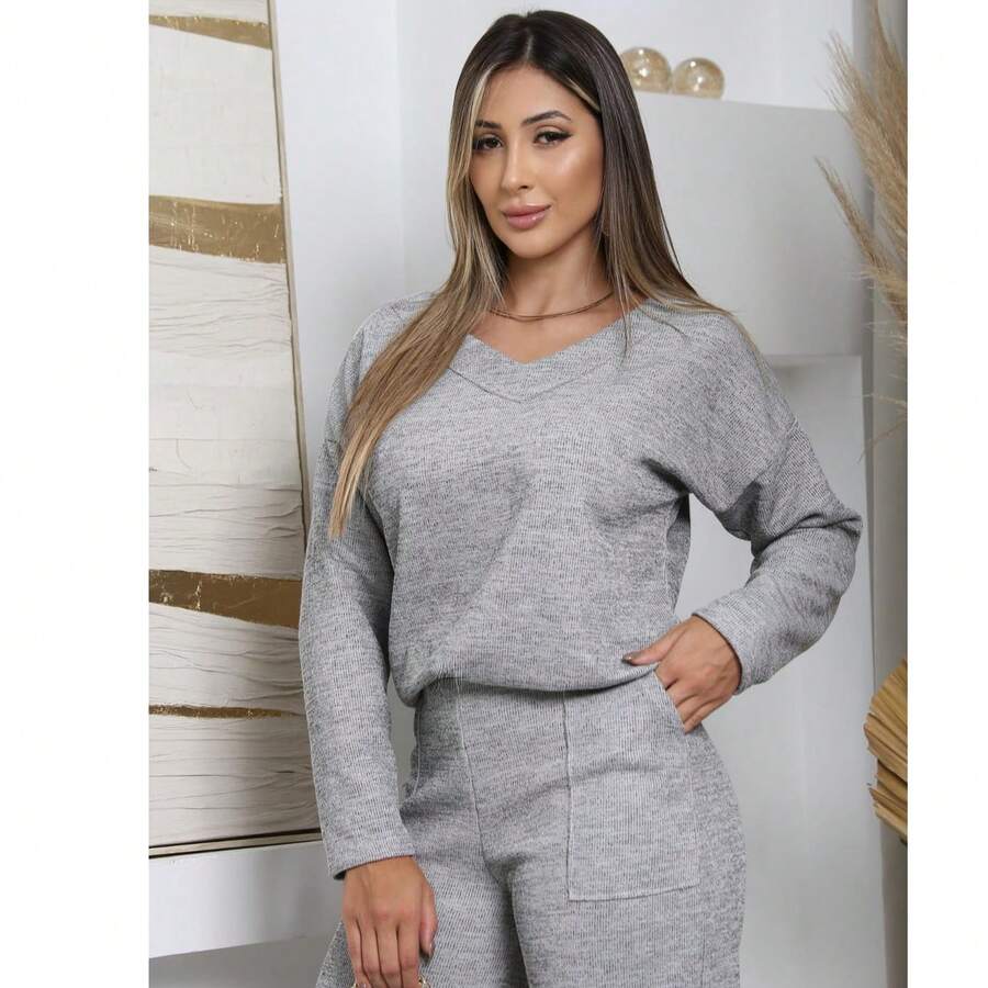 Women's Winter Set In Ribbed Wool Knit – Long-Sleeved Blouse And Pants With Functional Pockets And Elastic Back | Comfortable Casual Elegant Autumn/Winter Look - 灰色 - 查看 1