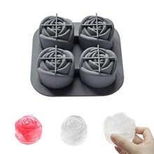 1个4格玫瑰花形硅胶冰格，3D冰模，适用于威士忌、鸡尾酒、饮料冷却 - 灰色 - 查看 7