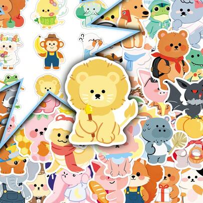 50张手绘可爱原创涂鸦小动物创意装饰贴纸，包括刺猬、大象等图案，适用于杯子、花瓶等。
