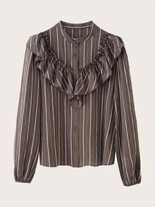 Women's Long Sleeve Striped Layered Decorative Blouse, Spring/Summer - Coffee Brown - View 2