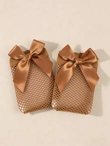 1双儿童蝴蝶结甜美可爱中筒网眼袜，镂空渔网女童袜，适合春夏穿着 - 彩色 - 查看 21