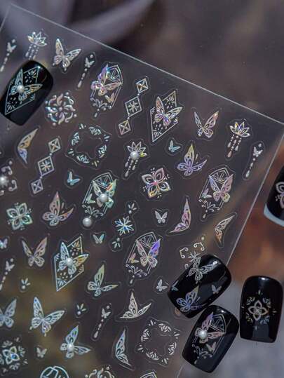 1片5D珍珠蝴蝶美甲贴纸，流光溢彩银色奢华玫瑰蝴蝶美甲贴纸，DIY美甲装饰