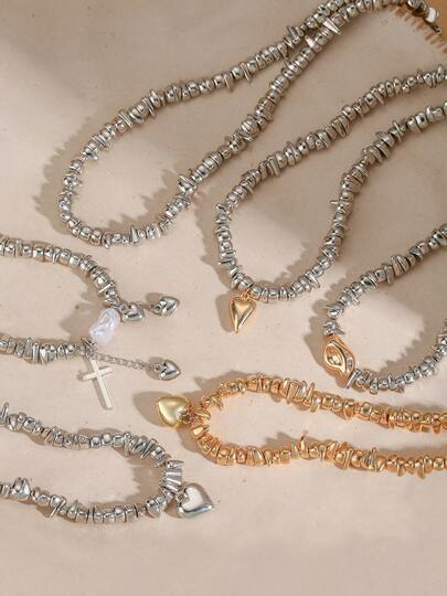 时尚撞色CCB不对称断心银色串珠项链，百搭简约吊坠项链，多层叠戴首饰，送给女朋友的礼物