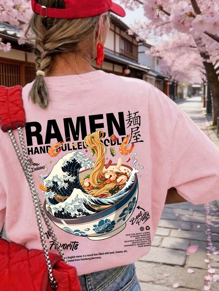 1件女士宽松圆领短袖T恤，印有日式拉面图案，休闲夏季粉色 - 粉色 - 查看 1