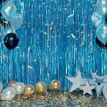 3pcs/Set 100*200cm Gold Tassel Ribbon, Shiny Metallic Texture Design, Suitable For Photography Studio Props, Birthday Party, Bridal Shower, Wedding Decoration, Backdrop, Party Decoration, Photo Booth Props - Lake Blue - View 4