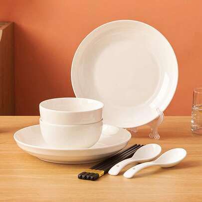 6pcs Nordic Style Ceramic Dinnerware Set, Suitable For 2 People, Includes Bowls, Plates, Spoons, Porcelain Tableware Set