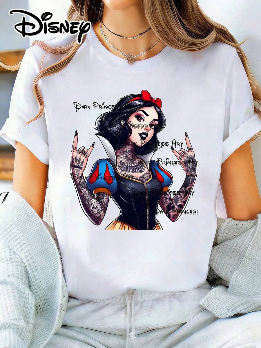 Disney Casual Women's Cotton Short Sleeve Round Neck T-Shirt With Unique Princess Graphic Print - 白色 - 查看 1