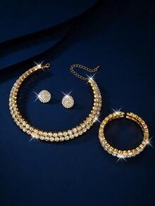 三件套时尚性感全镶钻多层项链、耳环、手链，新娘首饰套装，短款项链，圣诞礼物 - 彩色 - 查看 8