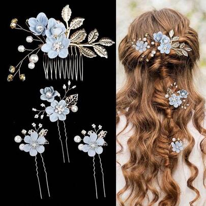 4pcs Gold Metal Leaf Hair Comb, Fabric Floral Hair Clip, Pearl & Rhinestone Hair Accessories, Bridal Wedding Decor, Valentine's Day Accessories