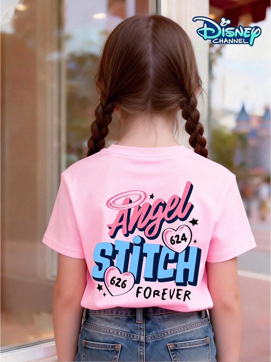 This Casual T-Shirt For Girls Is Suitable For Children Aged 4 To 12. Featuring A Disney Lilo & Stitch And Angel Couple Print (626 & 624), It Incorporates Stitch's Playful Tongue-Out Pose, The Number "626," 3D "Angel STITCH FOREVER" Lettering On The Back, Heart Halos, And Star Elements, Recreating A Sweet Interactive Scene. Made From 100% Pure Cotton, It's Soft, Durable, Skin-Friendly, Sweat-Absorbent, And Breathable. It Can Be Paired With Tulle Skirts, Denim Skirts, Casual Leggings, Wide-Leg Casual Pants, Cargo Shorts, And Casual Sweatpants. Suitable For Various Occasions Such As Theme Park Visits, Family Trips, Daily School, Outdoor Parties, And Birthday Photoshoots, The Sweet Cartoon Print Design Meets The Daily Sweet Dressing Needs Of Girls Aged 4 To 12. It's A Summer Bestseller That Combines Practicality And Childlike Fun. - 粉色 - 查看 1