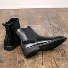 Men's Shiny Chelsea Boots, British-Style Elastic Band Ankle Boots, Business Casual Black Leather Shoes, High Boots, High-Top Shoes, Men's Shoes - Black - View 2